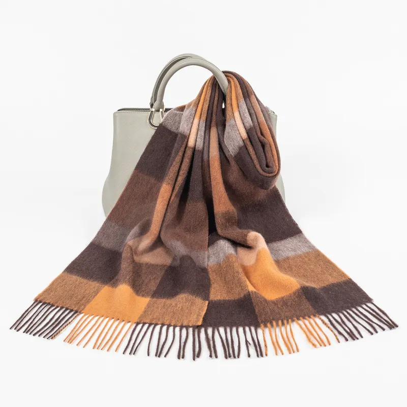 Shanghai Story 100% Cashmere Knit Scarves Unisex Beige And Orange Check Gift Box Set-79