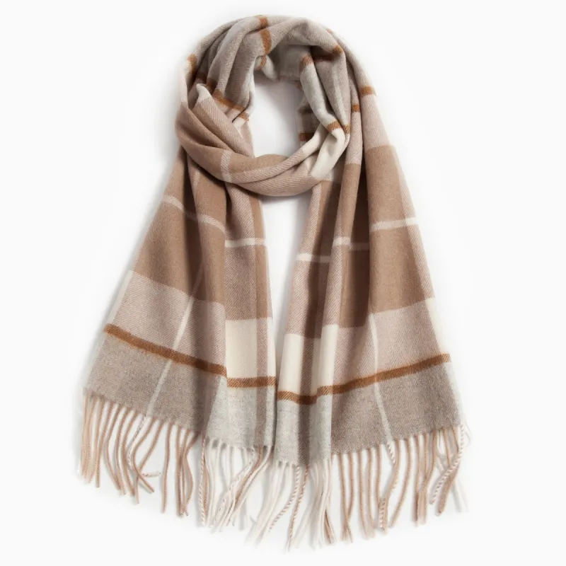 Shanghai Story 100% Cashmere Knit Scarves Unisex Beige And Orange Check Gift Box Set-27