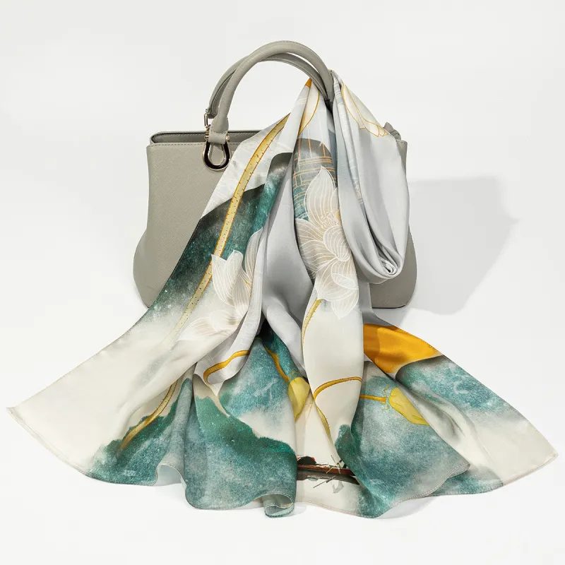 Shanghai Story 100% Mulberry Silk Scarves Women's Lotus Charm, Light Green, Gift Box Set-24