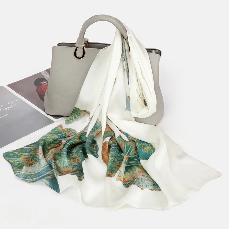 Shanghai Story 100% Mulberry Silk Scarves Women's Lotus Charm, Light Green, Gift Box Set-51