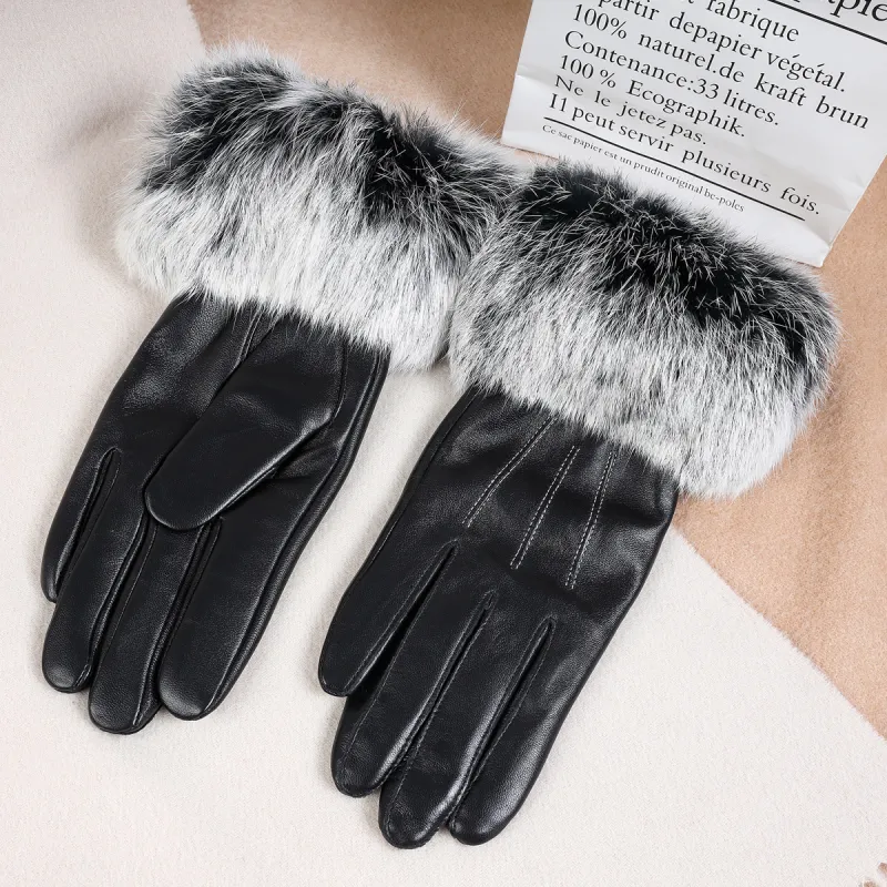 Shanghai Story Sheepskin Knit Gloves Women's Black-1