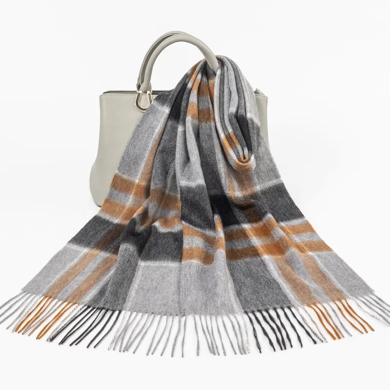 Shanghai Story 100% Cashmere Knit Scarves Unisex Beige And Orange Check Gift Box Set-70