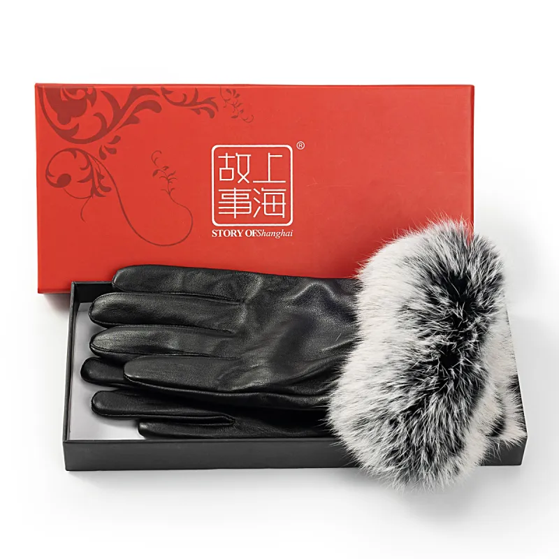 Shanghai Story Sheepskin Knit Gloves Women's Black-12