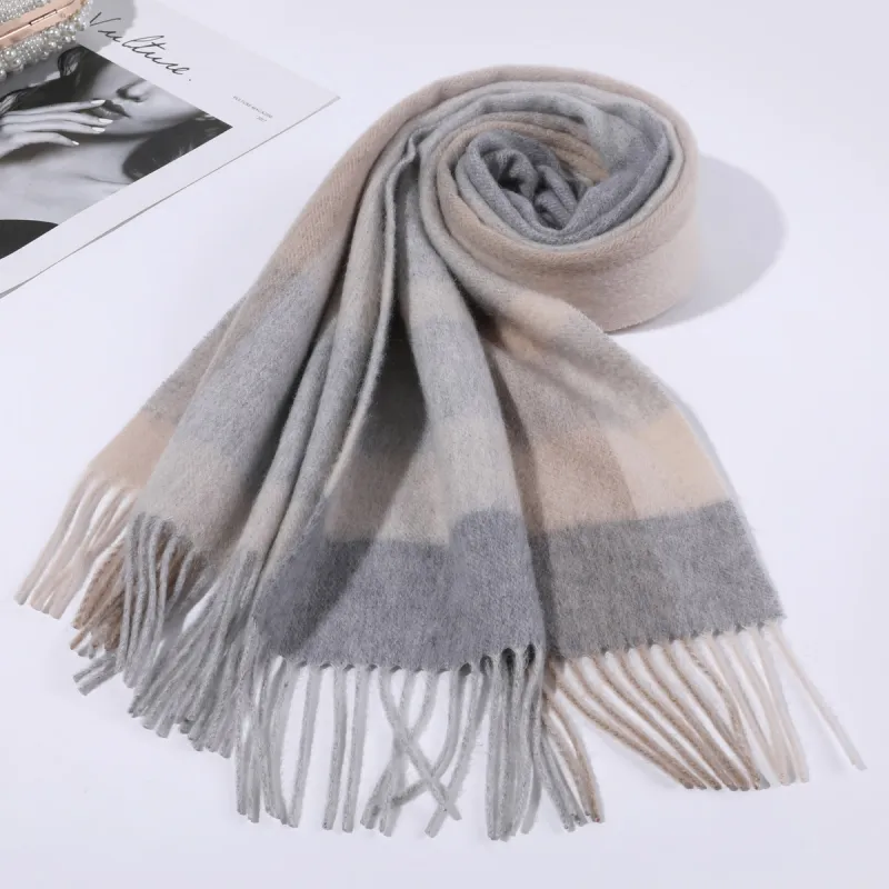 Shanghai Story 100% Cashmere Knit Scarves Unisex Beige And Orange Check Gift Box Set-15