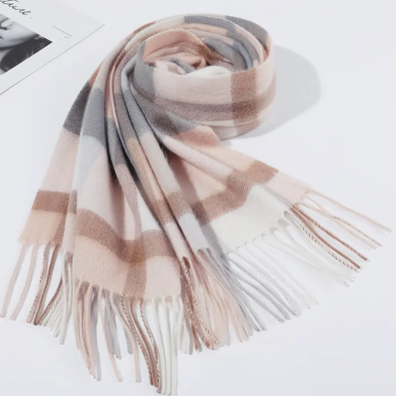 Shanghai Story 100% Cashmere Knit Scarves Unisex Beige And Orange Check Gift Box Set-13