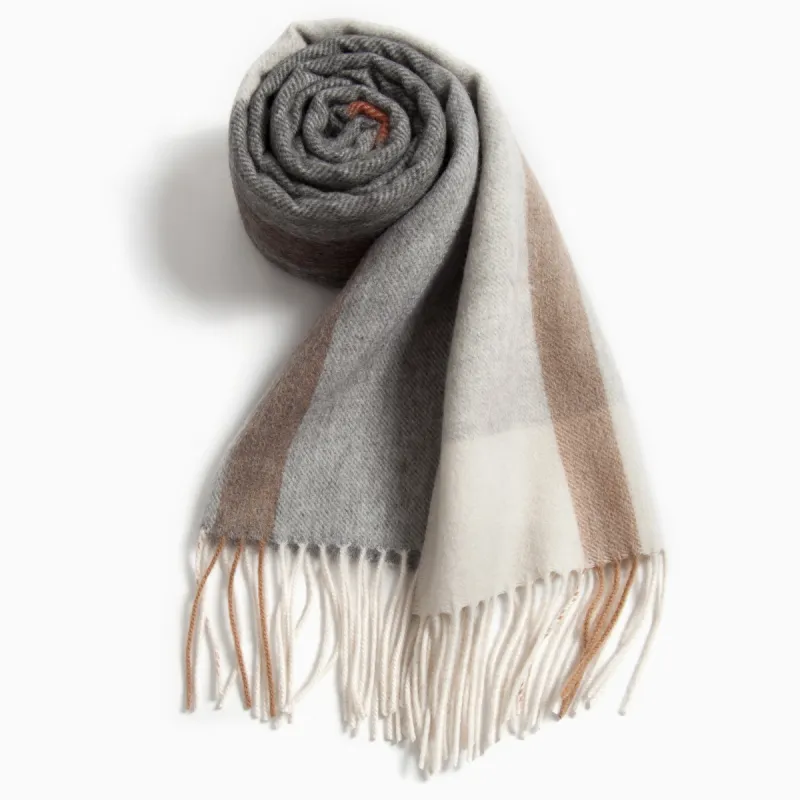 Shanghai Story 100% Cashmere Knit Scarves Unisex Beige And Orange Check Gift Box Set-37