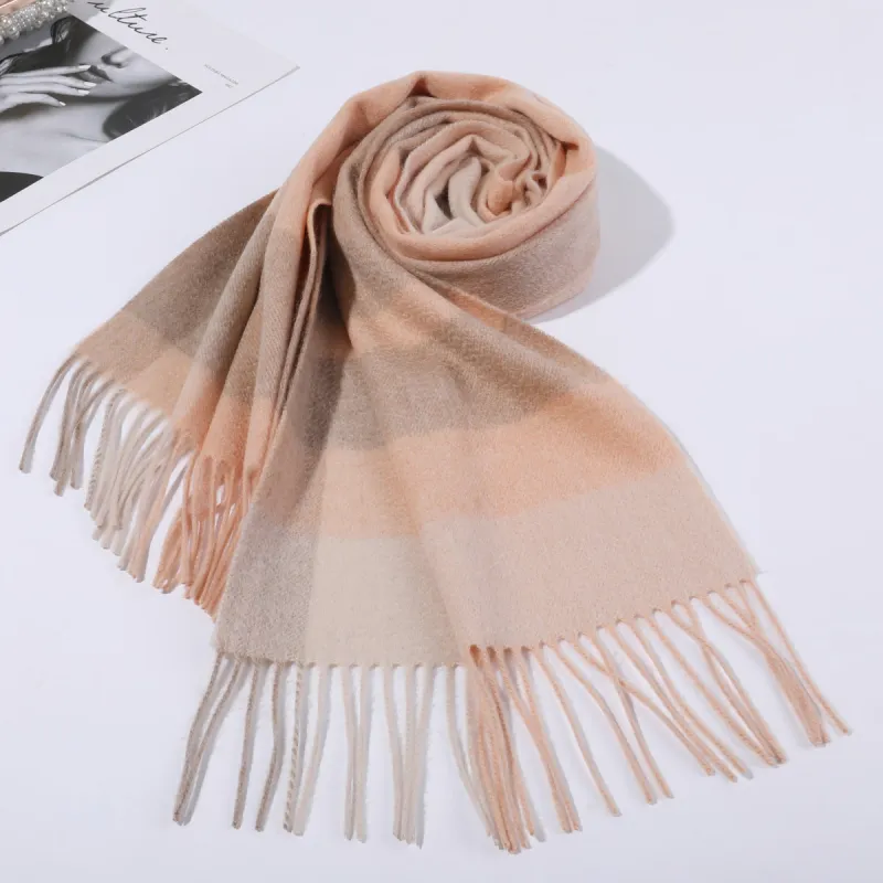 Shanghai Story 100% Cashmere Knit Scarves Unisex Beige And Orange Check Gift Box Set-17