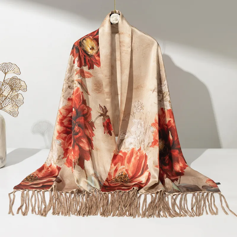 Shanghai Story 100% Mulberry Silk Scarves Women's Luxurious Bloom, Gray Coffee-9