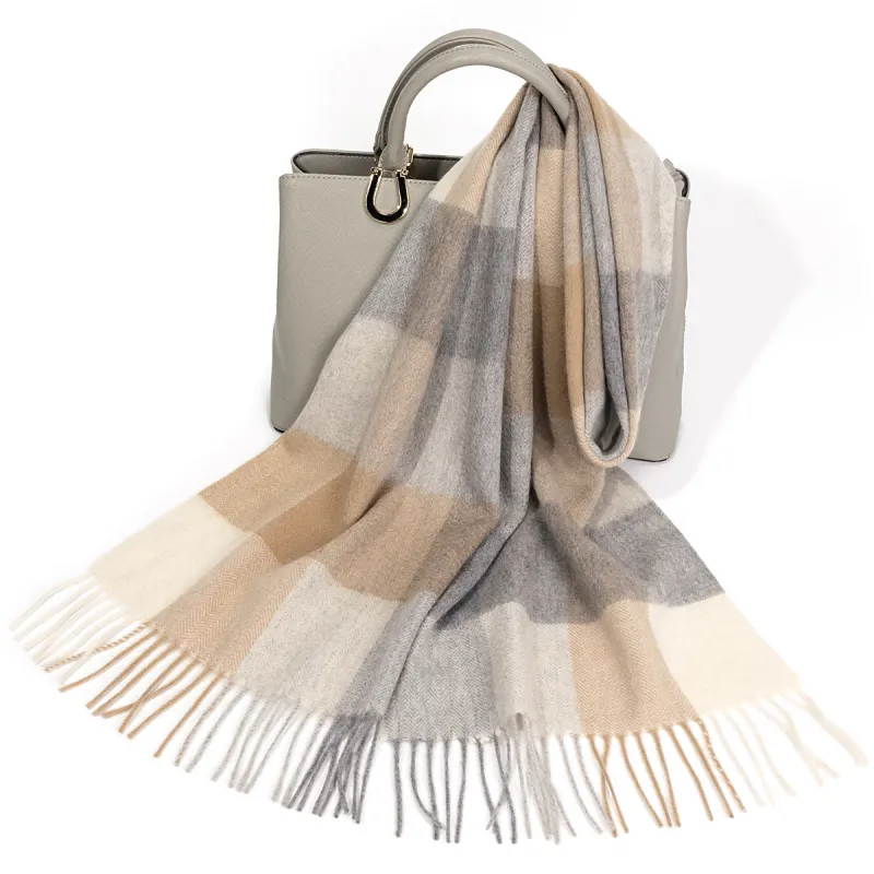 Shanghai Story 100% Cashmere Knit Scarves Unisex Beige And Orange Check Gift Box Set-67