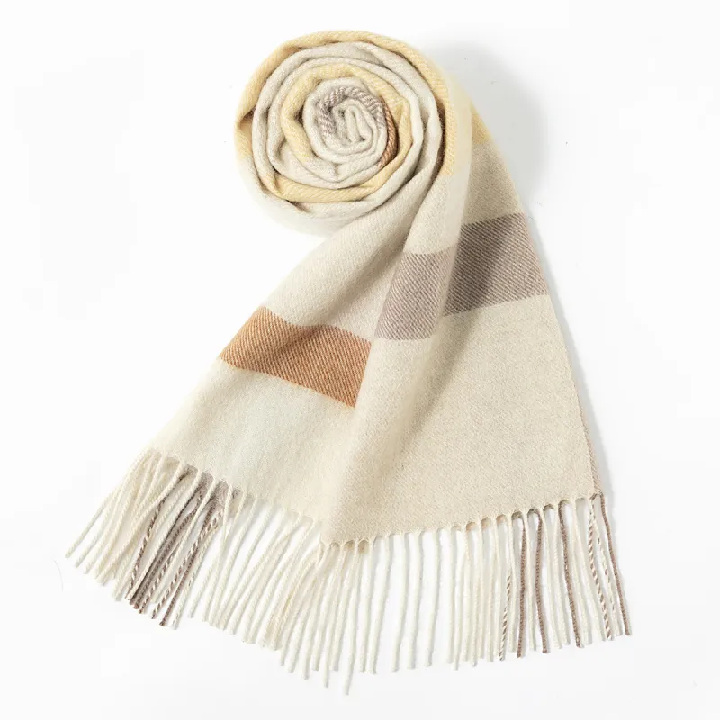 Shanghai Story 100% Cashmere Knit Scarves Unisex Beige And Orange Check Gift Box Set-45
