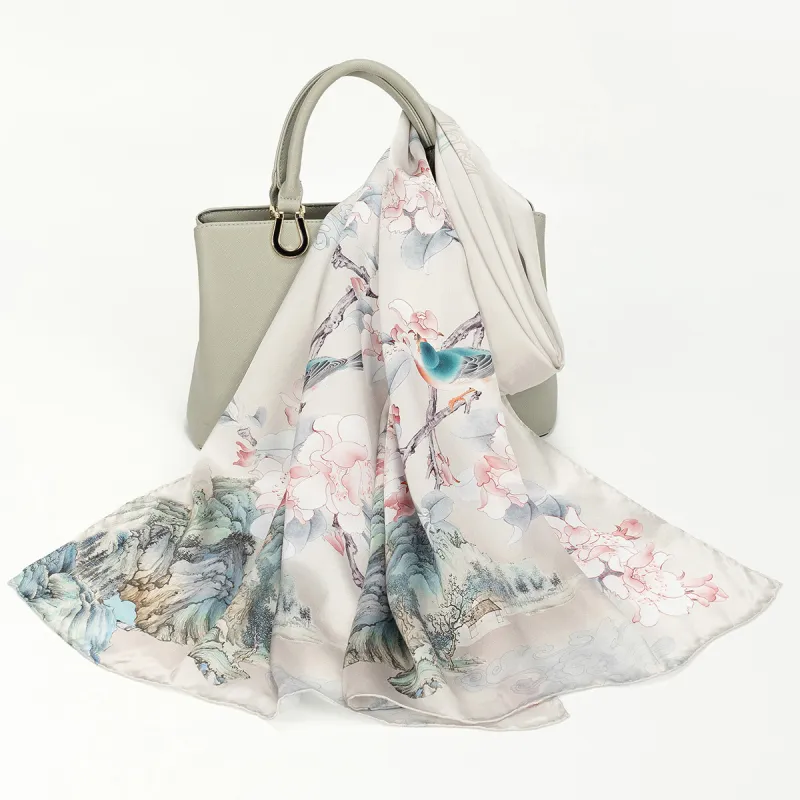 Shanghai Story 100% Mulberry Silk Scarves Women's Lotus Charm, Light Green, Gift Box Set-2