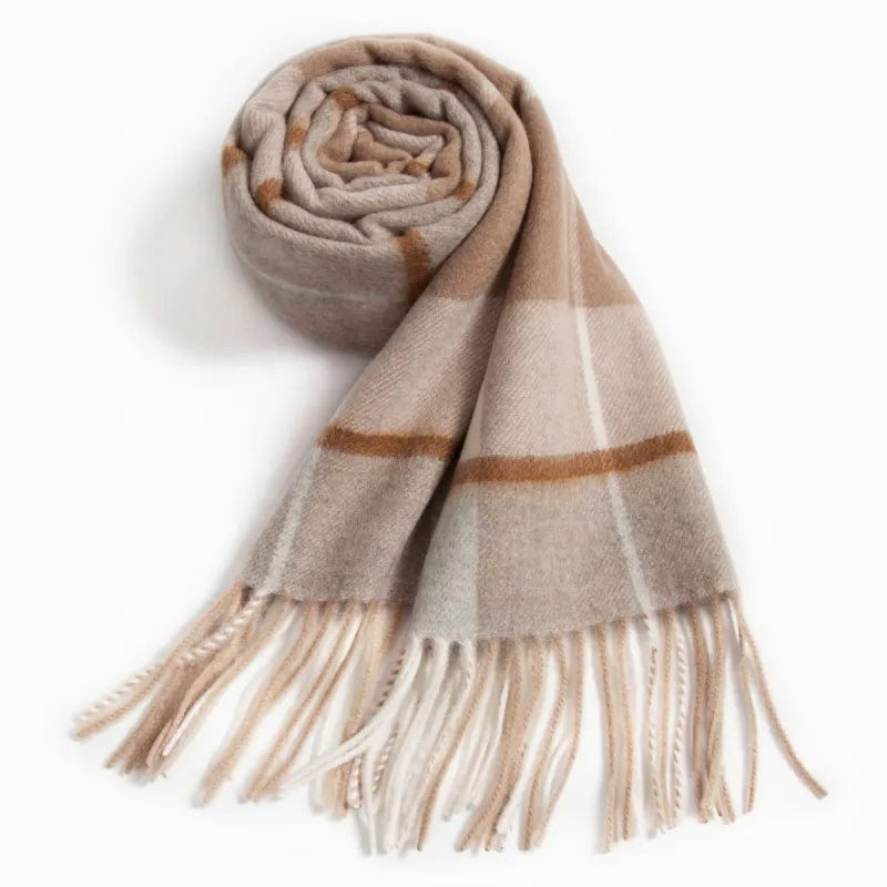 Shanghai Story 100% Cashmere Knit Scarves Unisex Beige And Orange Check Gift Box Set-28