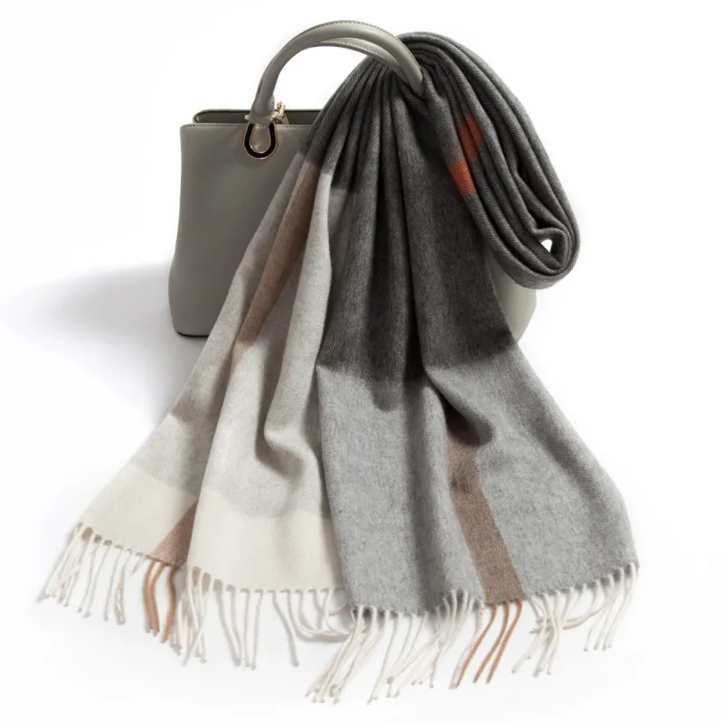 Shanghai Story 100% Cashmere Knit Scarves Unisex Beige And Orange Check Gift Box Set-35