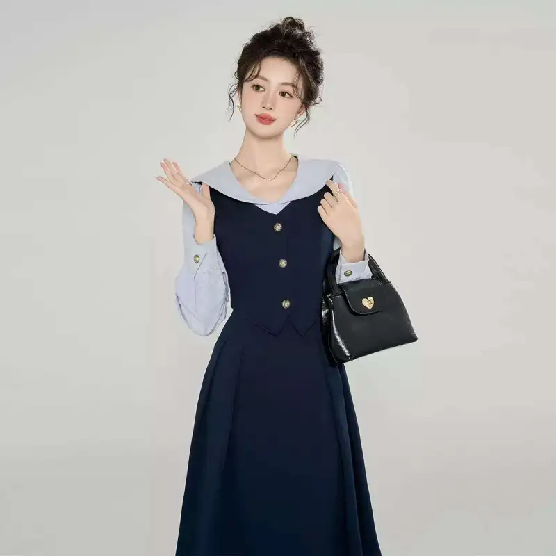 Beautiful Wardrobe Long Sleeved Dress Women's Deep Navy Blue-3
