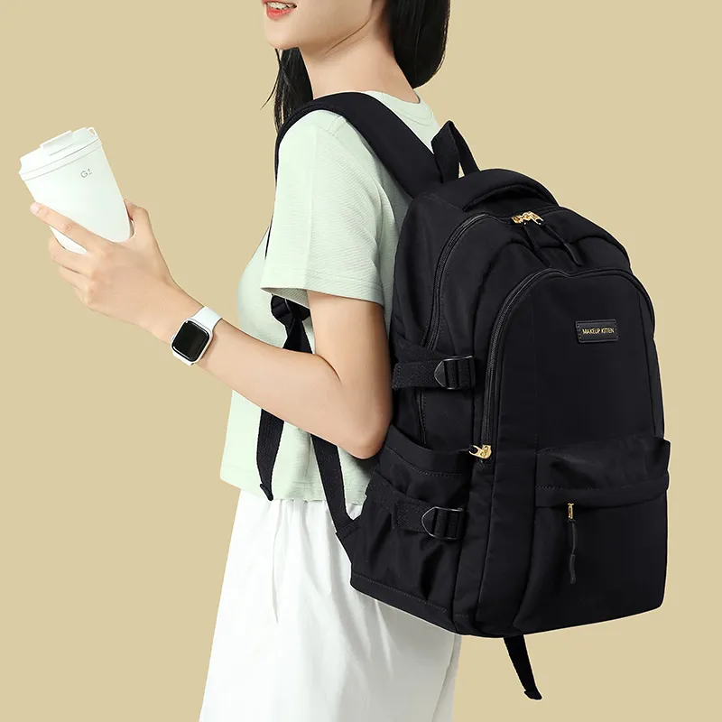 MAKEUP KITTEN Nylon Fabric Backpack Tubas Unisex Ecru, Black-2