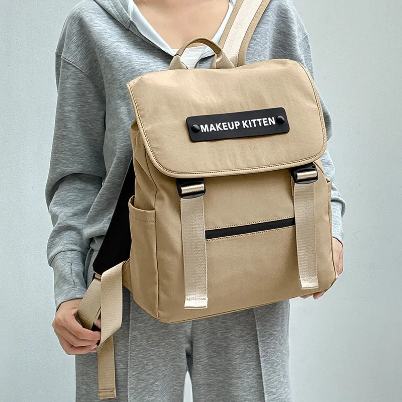 MAKEUP KITTEN Nylon Fabric With Synthetic Leather Backpack Unisex Khaki-6