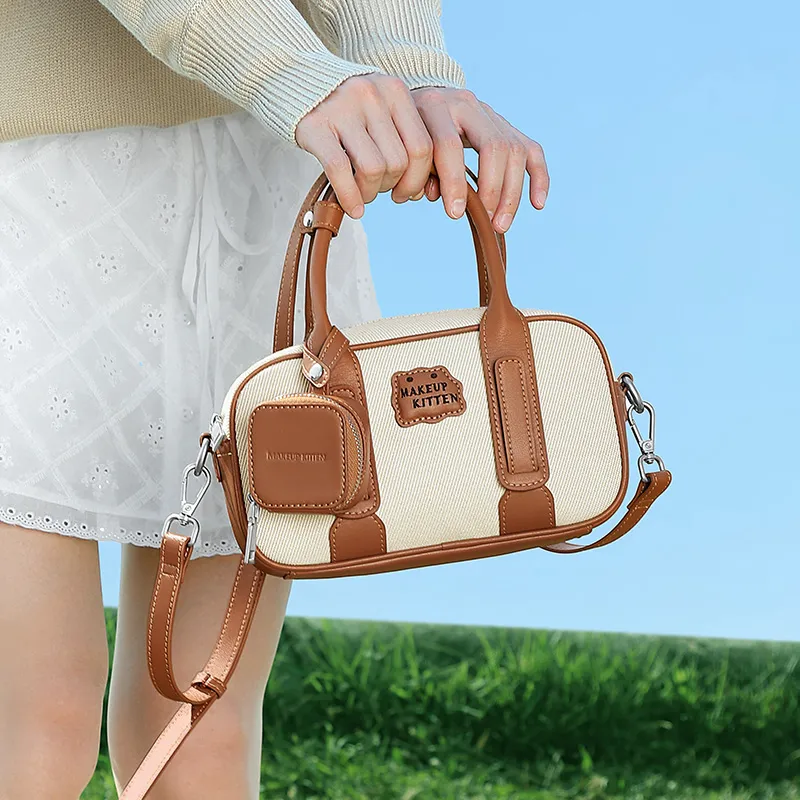MAKEUP KITTEN Canvas With Synthetic Leather Shoulder Bag Crossbody Bag Handbag Women's Beige & Brown-3