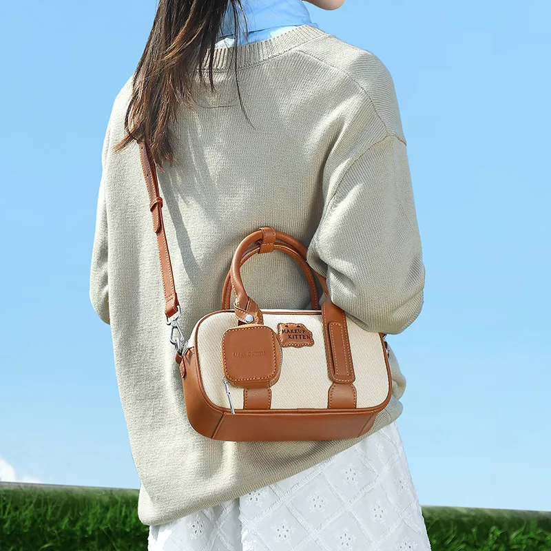 MAKEUP KITTEN Canvas With Synthetic Leather Shoulder Bag Crossbody Bag Handbag Women's Beige & Brown-6