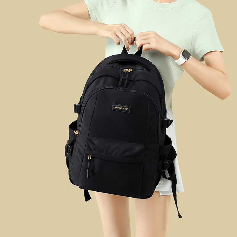 MAKEUP KITTEN Nylon Fabric Backpack Tubas Unisex Ecru, Black-3