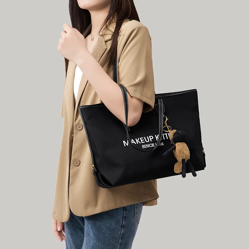MAKEUP KITTEN Nylon Fabric Tote Bag Shopping Bag Tote Bag Shoulder Bag Large Size Women's Black/Apricot-5
