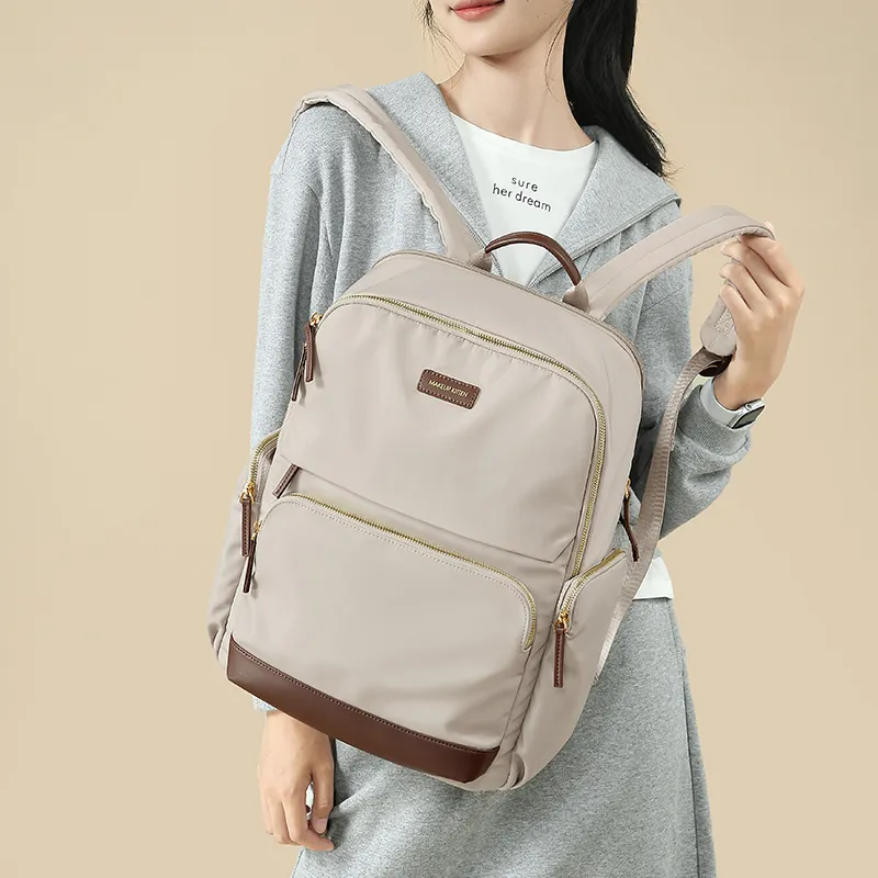 MAKEUP KITTEN Nylon Fabric Synthetic Leather Backpack Large Size Unisex Khaki/Black-3