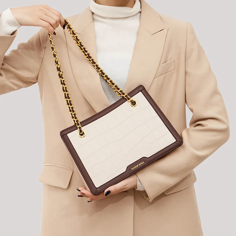 MAKEUP KITTEN Cow Leather Tote Shoulder Bag, Crossbody Bag Women's White & Coffee-9