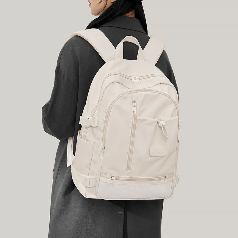 MAKEUP KITTEN Nylon Fabric Synthetic Leather Individual Versatile Backpack Large Size Unisex Ecru-9
