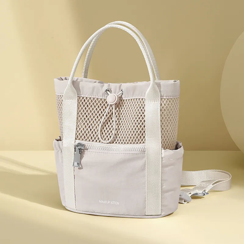 MAKEUP KITTEN Nylon Fabric Synthetic Leather Cute Crossbody Handbag Mini Backpack Women's Khaki-5