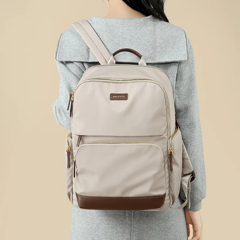 MAKEUP KITTEN Nylon Fabric Synthetic Leather Backpack Large Size Unisex Khaki/Black-5