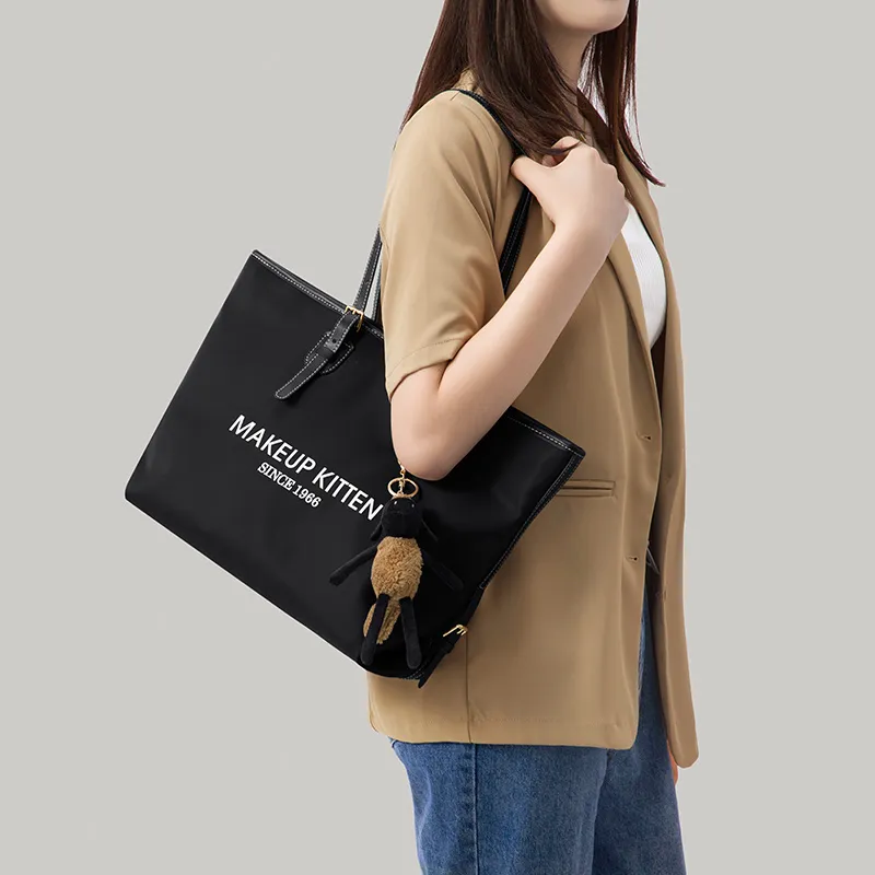 MAKEUP KITTEN Nylon Fabric Tote Bag Shopping Bag Tote Bag Shoulder Bag Large Size Women's Black/Apricot-4