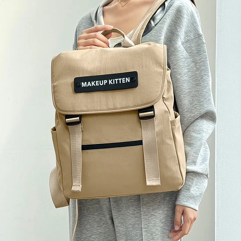 MAKEUP KITTEN Nylon Fabric With Synthetic Leather Backpack Unisex Khaki-5