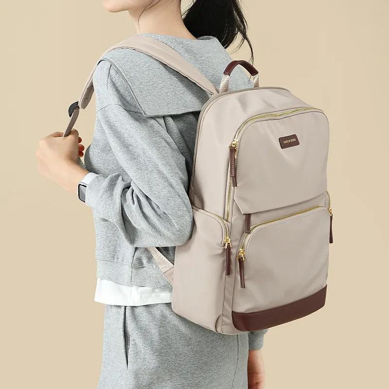MAKEUP KITTEN Nylon Fabric Synthetic Leather Backpack Large Size Unisex Khaki/Black-4