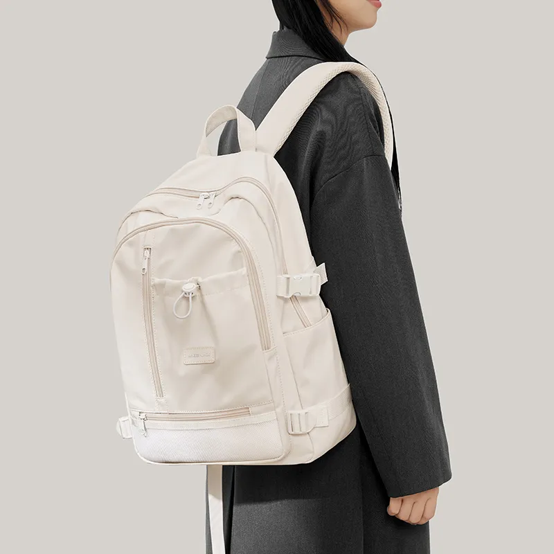 MAKEUP KITTEN Nylon Fabric Synthetic Leather Individual Versatile Backpack Large Size Unisex Ecru-7