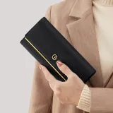 MAKEUP KITTEN Cow Leather Patchwork With Microfiber Synthetic Leather Wallet Women's Black/Taro Pink