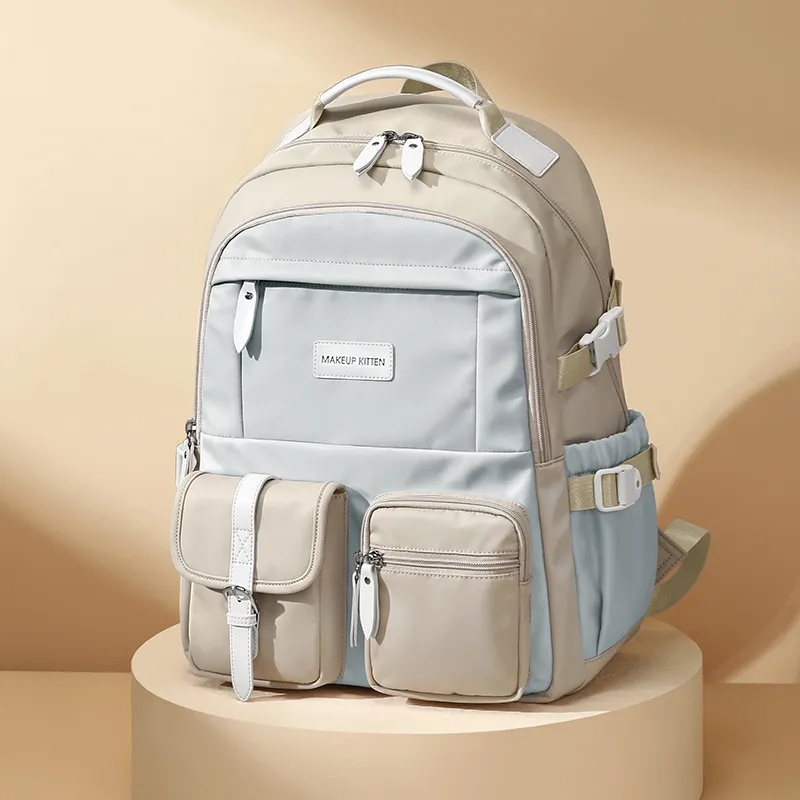 MAKEUP KITTEN Nylon Synthetic Leather Multi Pocket Student Backpack Regular Unisex Apricot-6