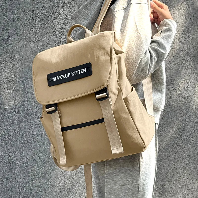 MAKEUP KITTEN Nylon Fabric With Synthetic Leather Backpack Unisex Khaki-4