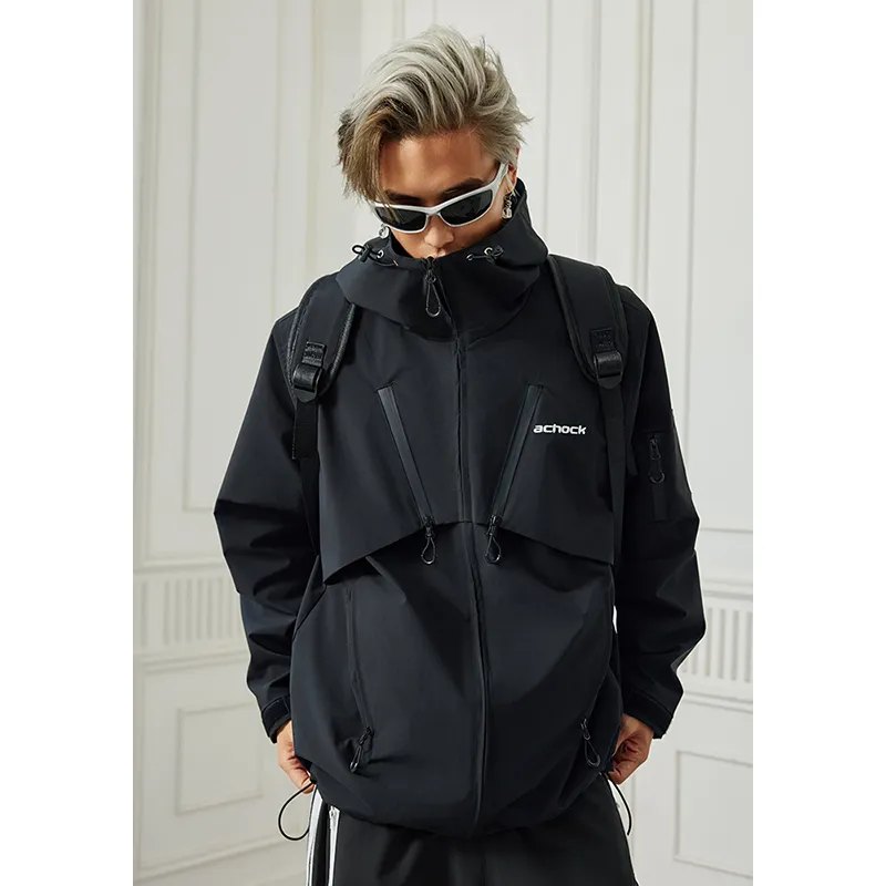 A Chock Waterproof And Windproof Windbreaker Jacket Unisex Black-3