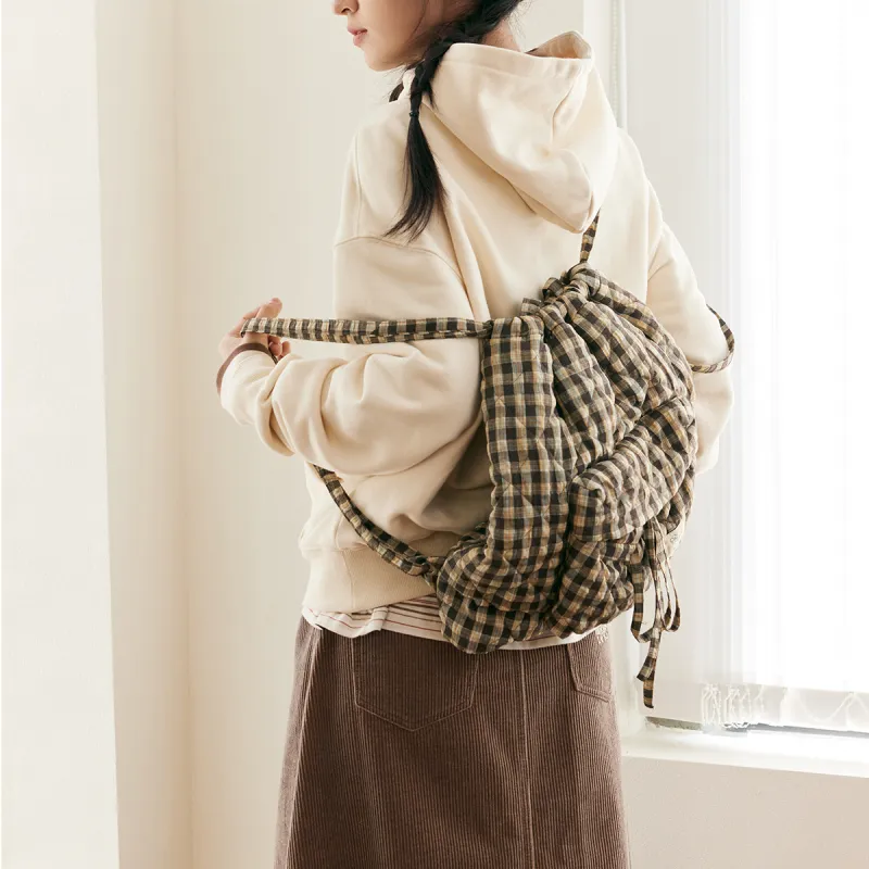 MostwantedLab Cotton Backpack Unisex Pink Brown Plaid/Yellow Brown Plaid-7