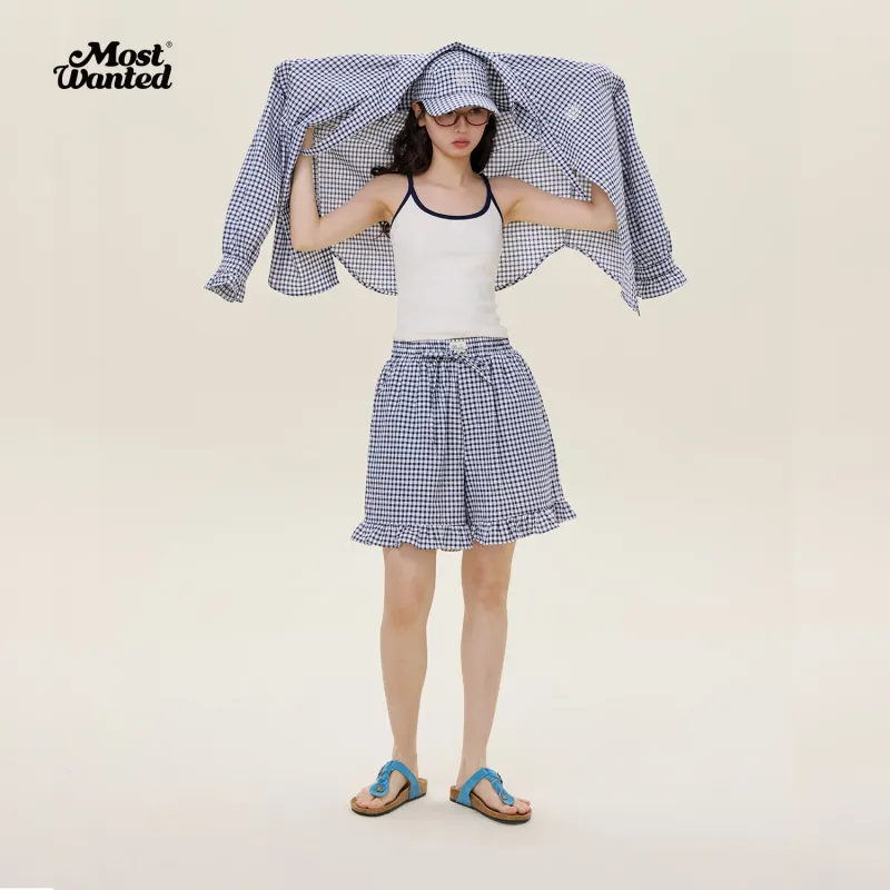 MostwantedLab Casual Shorts Women's White Blue Plaid-6
