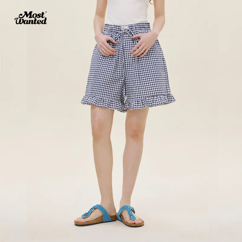 MostwantedLab Casual Shorts Women's White Blue Plaid-2