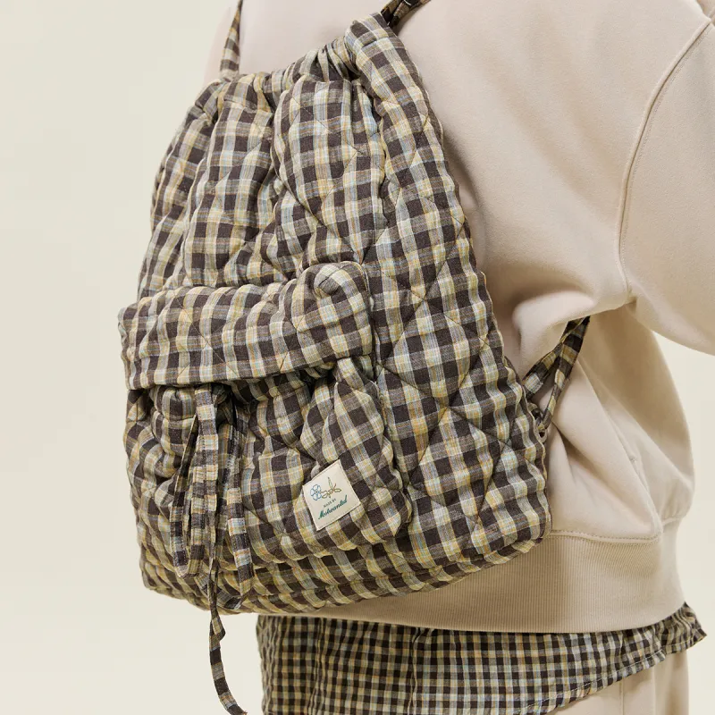 MostwantedLab Cotton Backpack Unisex Pink Brown Plaid/Yellow Brown Plaid-6