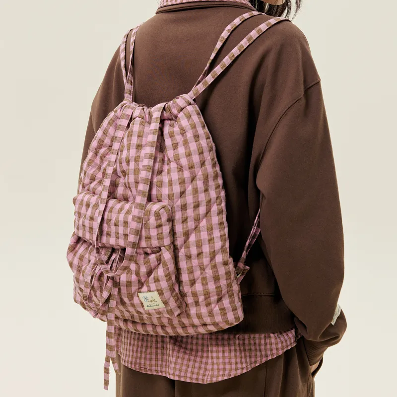 MostwantedLab Cotton Backpack Unisex Pink Brown Plaid/Yellow Brown Plaid-2