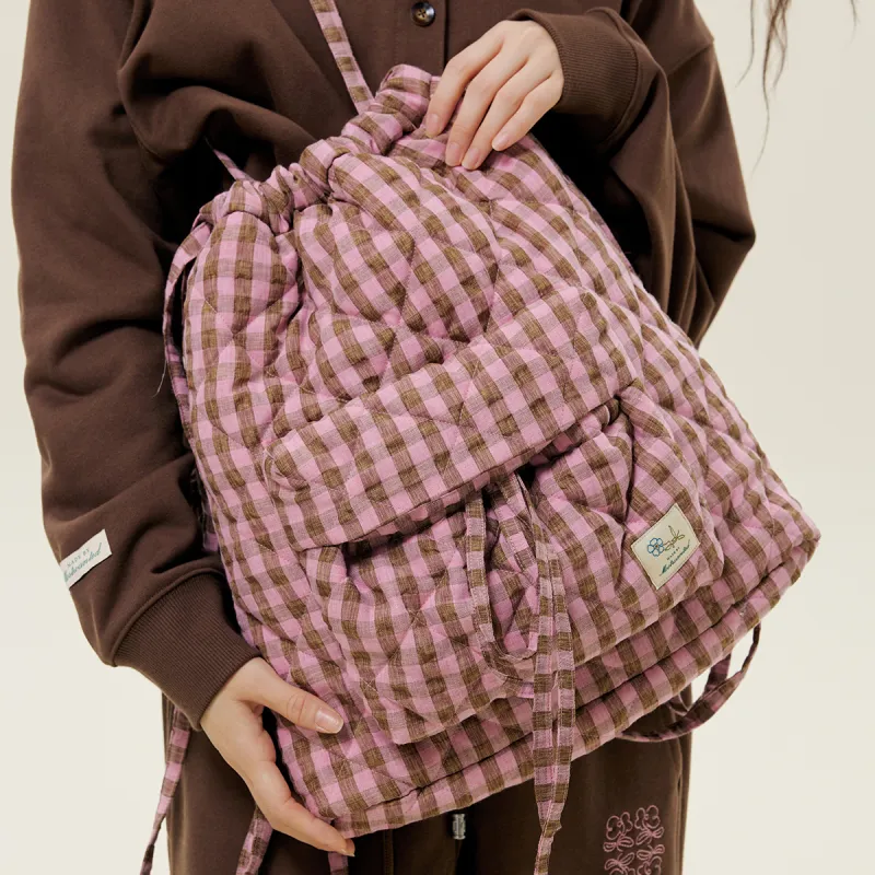 MostwantedLab Cotton Backpack Unisex Pink Brown Plaid/Yellow Brown Plaid-3