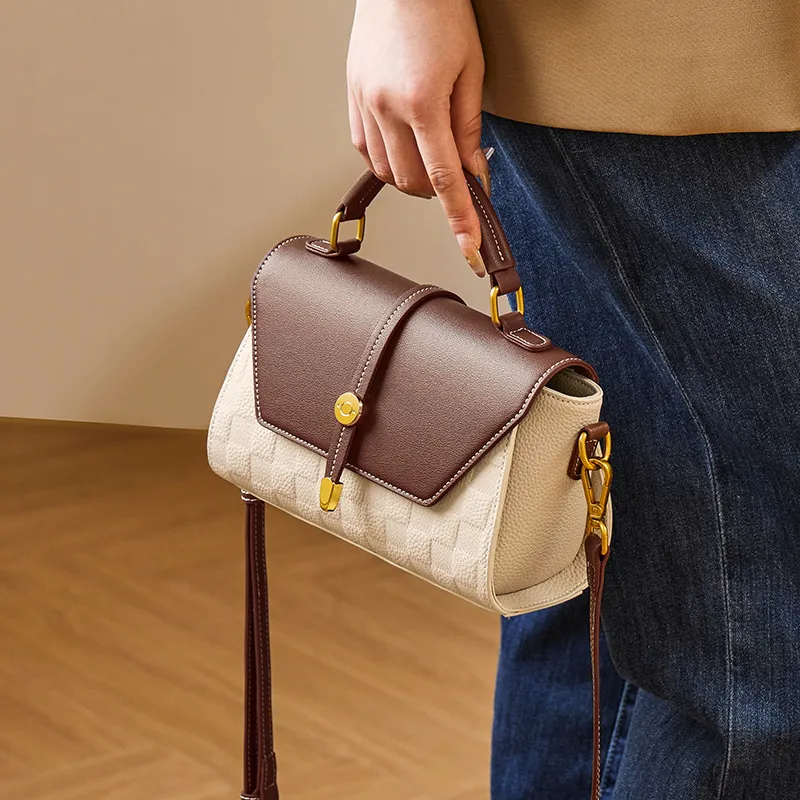 CNNCOO Cow Leather Handbag Women's Ecru & Brown/Elephant Gray-1