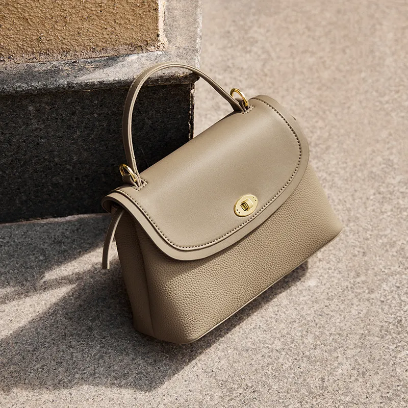 CNNCOO Cow Leather Shoulder Bag, Crossbody Bag, Handbag Women's Ecru & Apricot/Elephant Gray-8