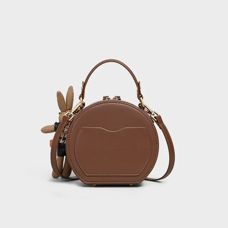 CNNCOO Synthetic Leather Small Round Bag, One Shoulder Handbag Women's Coffee-3