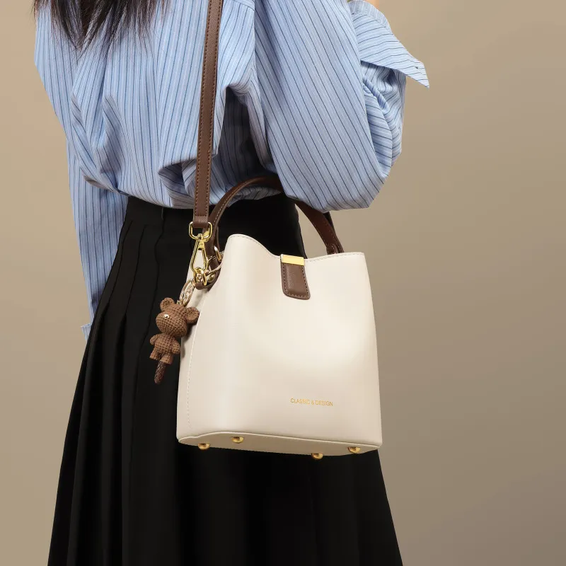 CNNCOO Cow Leather Bucket Bag, Crossbody Handbag Women's Milkshake White/Caramel Brown-1