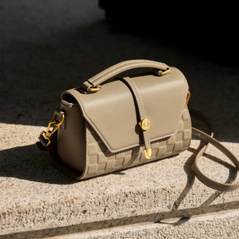 CNNCOO Cow Leather Handbag Women's Ecru & Brown/Elephant Gray-8