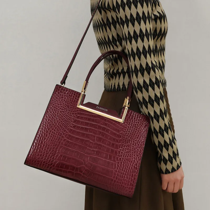 CNNCOO Split Cow Leather With Synthetic Leather Birkin Bag, Shoulder Bag, Crossbody Bag, Handbag Women's Burgundy/Black-2