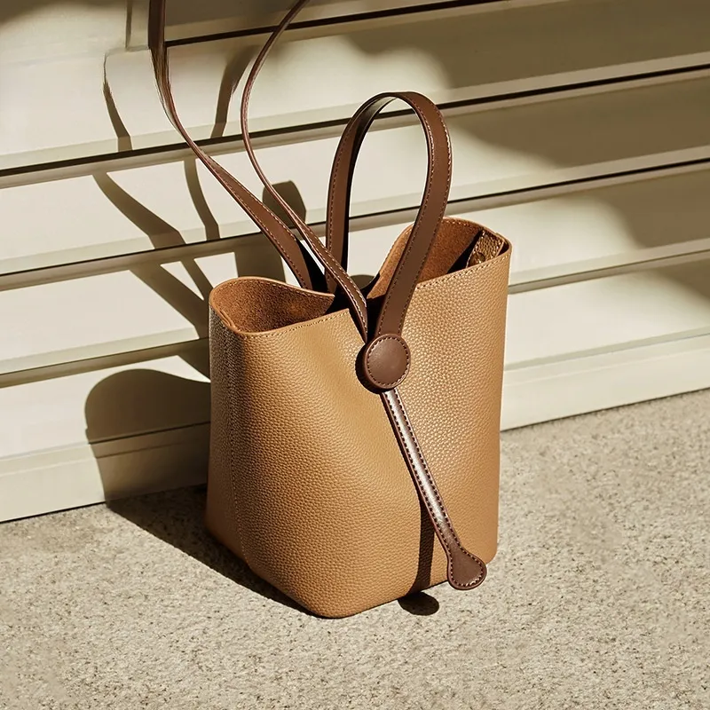 CNNCOO Cow Leather Bucket Bag, One Shoulder Handbag Women's Salt Khaki/Trench Gray-3